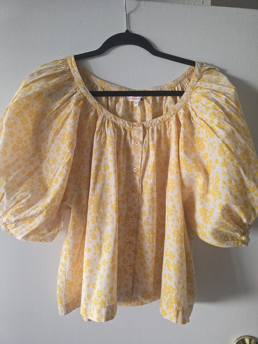 Sundry Yellow Floral Puff Sleeve Button-Up Blouse